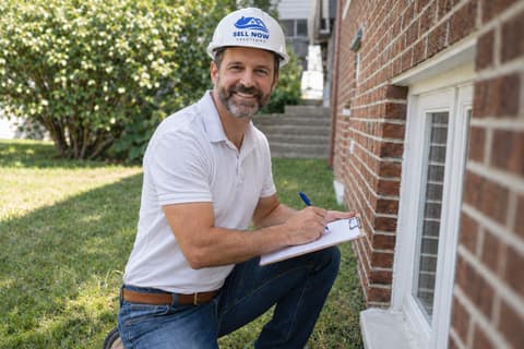 Tom Davenport in a branded SELL NOW hard hat assessing a home