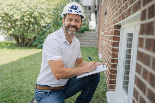 Tom Davenport in a branded SELL NOW hard hat assessing a home